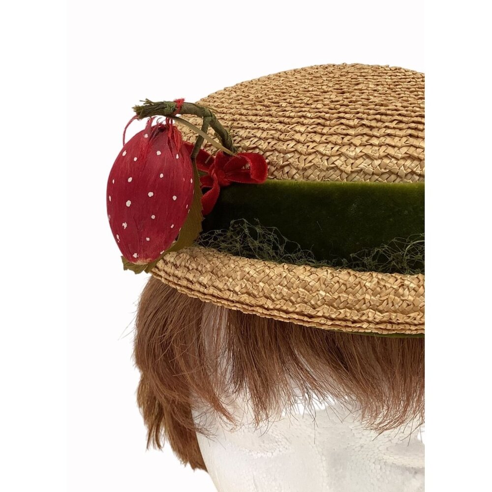 Vintage 60s Alfreda Inc Straw Boater Hat With Green Velvet Band & Red Strawberry - Picture 3 of 11